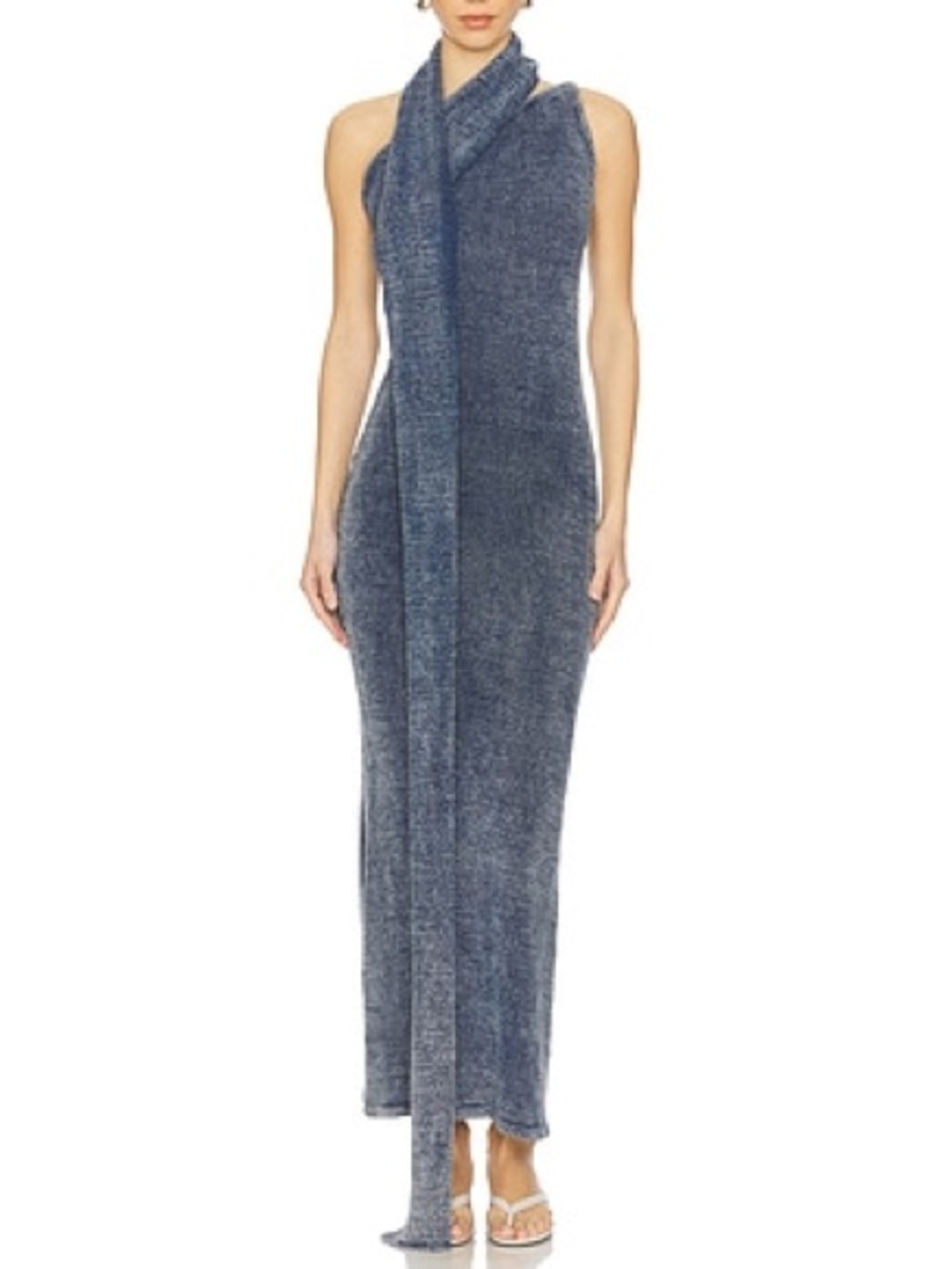 AYA MUSE Han Chenille Knit One-Shoulder Multiway Scarf Wrap Maxi Dress in Denim